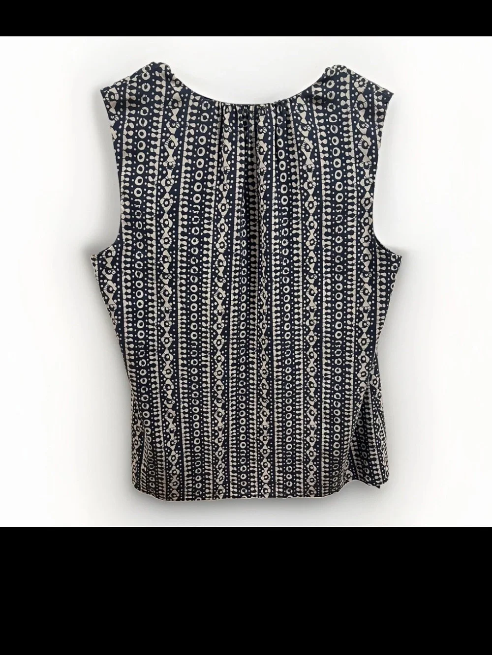 Tory Burch Tanya Silk Blouse Size 10 Navy Blue/White Printed Geometric Tie Neck
